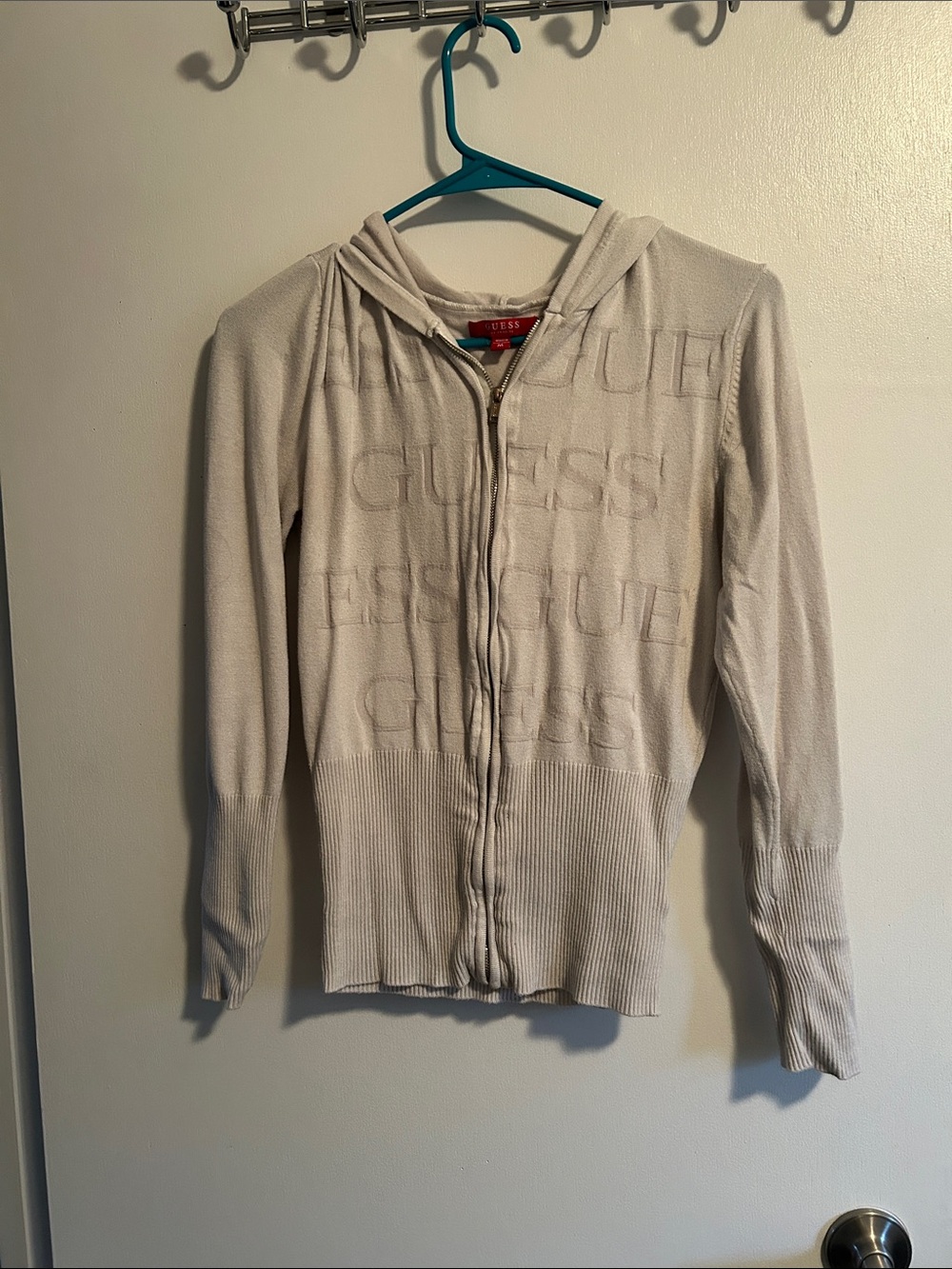 Guess Cream Zip-Front Hooded Knit Cardigan